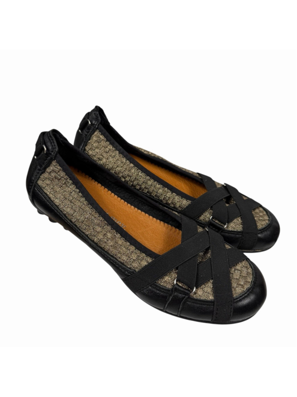 Bernie Mev Valentina Flats Women Metallic Gold Black Woven Ballet Flat Size 8.5